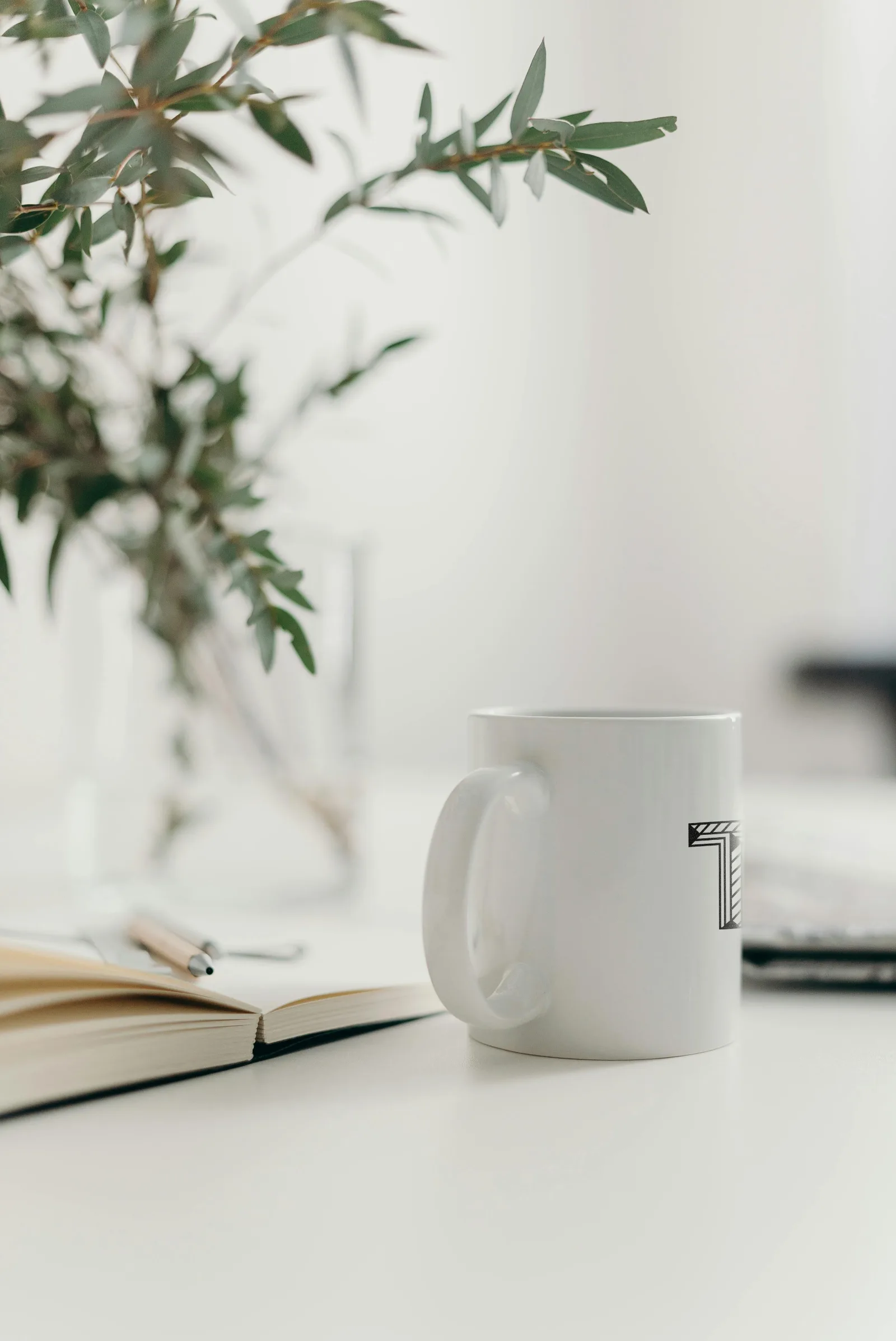 Escritorio del estudio Tilo: una taza con el logo, un cuaderno abierto y eucalipto